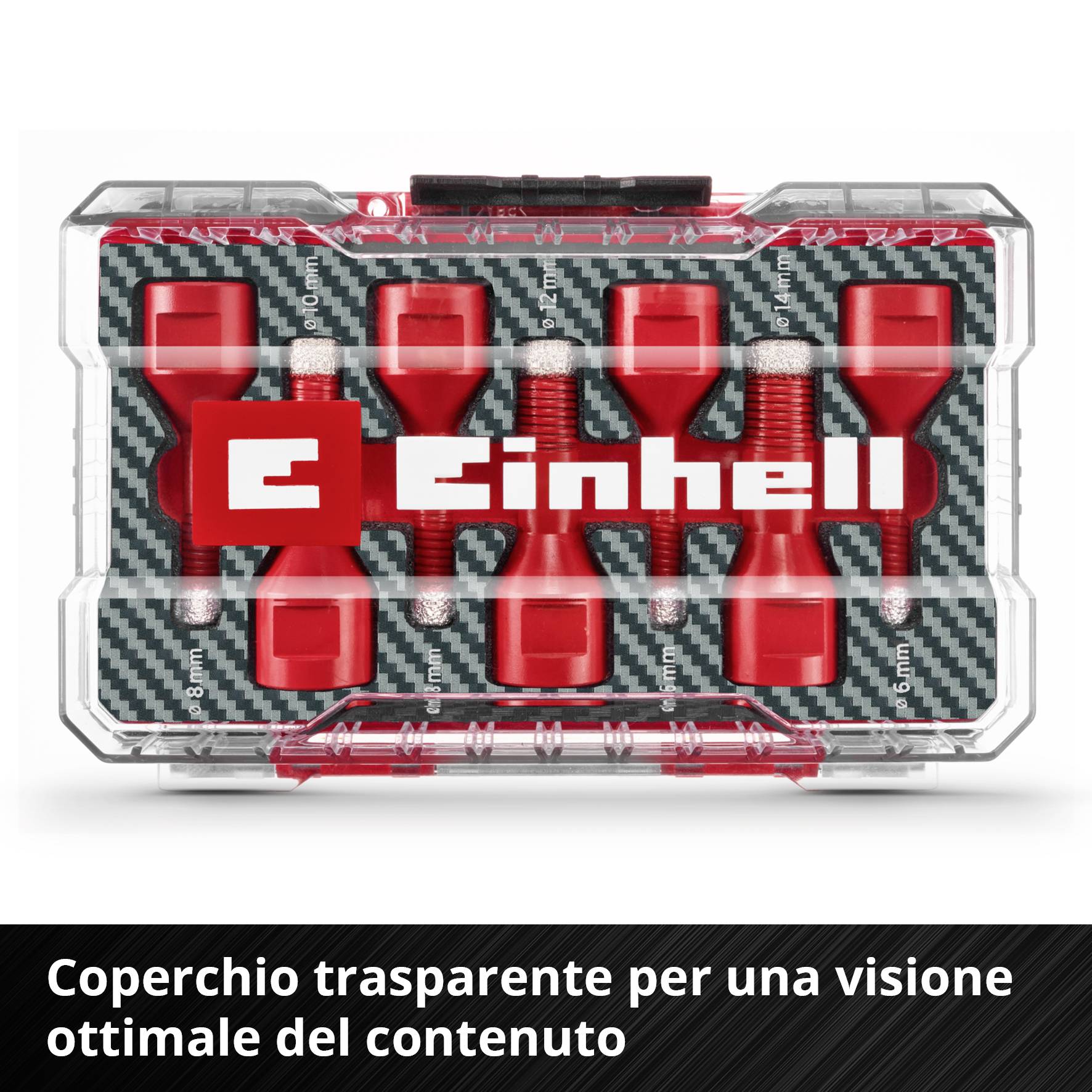 Una valigetta con inserto rosso per dadi e bulloni, coperchio trasparente e la scritta 'Einhell'. Testo: 'Coperchio trasparente per una visione ottimale del contenuto'.