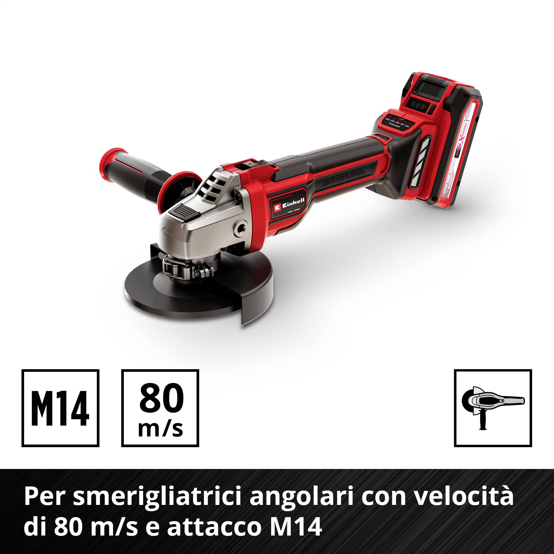 Smerigliatrice angolare a batteria con involucro rosso. Testo: 'Per smerigliatrici angolari M14 con velocità periferica di 80 m/s'.