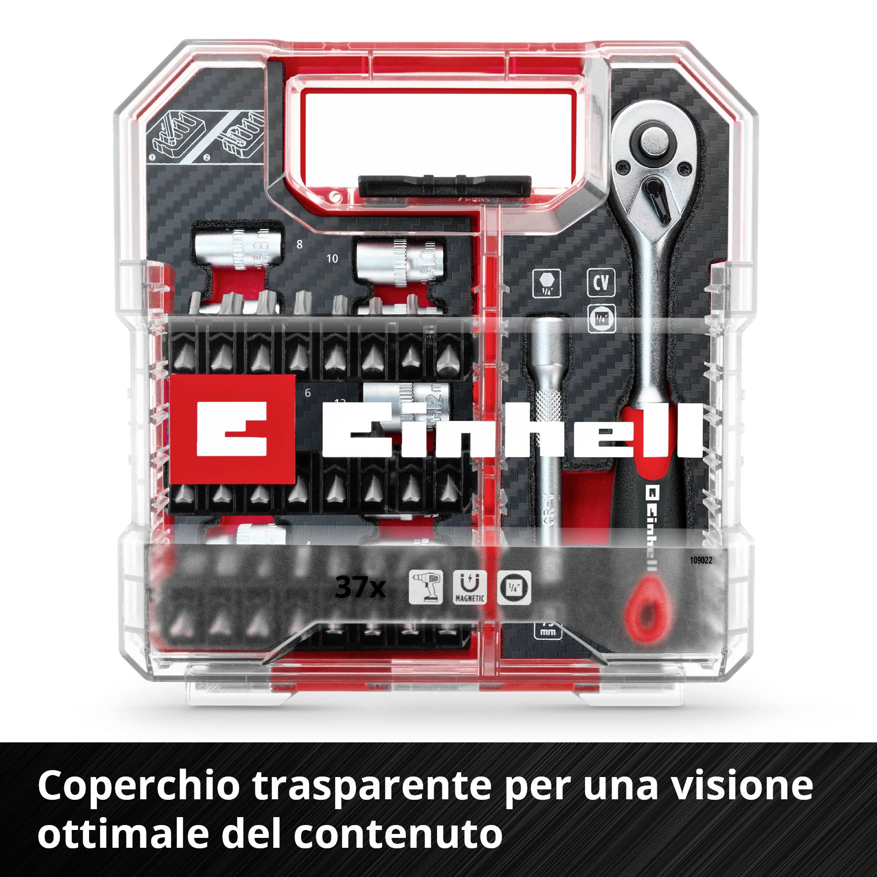 Valigetta degli attrezzi Einhell con 37 pezzi, inclusi chiavi e bit. Coperchio trasparente per una visibilità ottimale del contenuto.