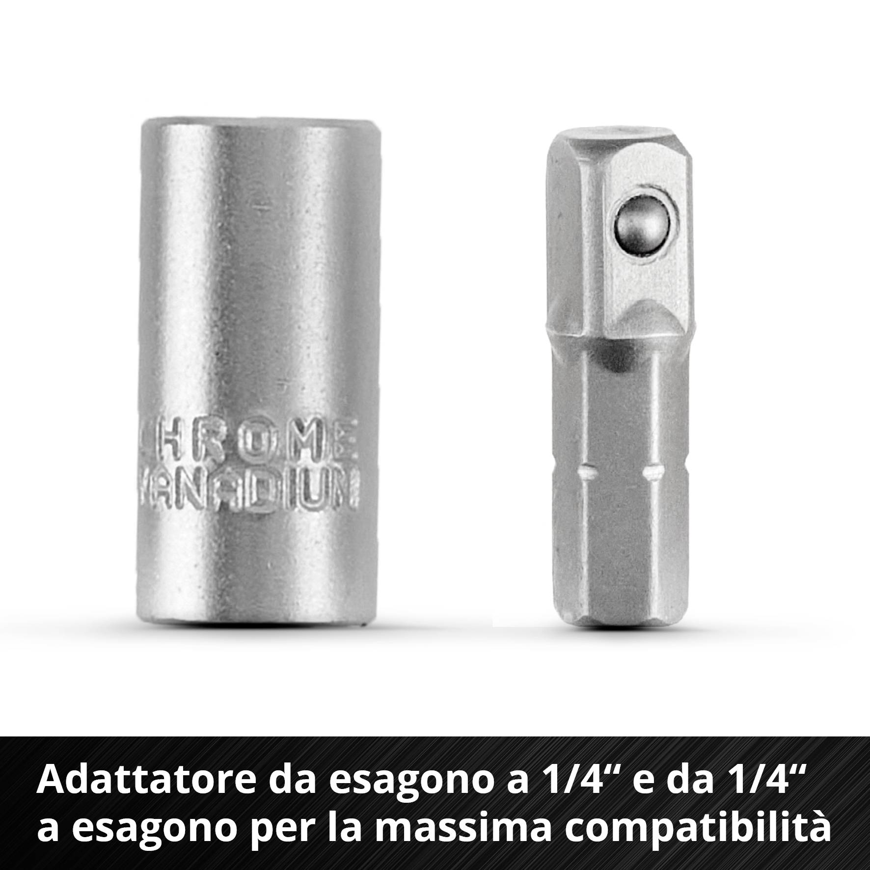 'Due adattatori d'argento: a sinistra un adattatore cilindrico, a destra un adattatore esagonale. Etichetta: Cromo Vanadio.'