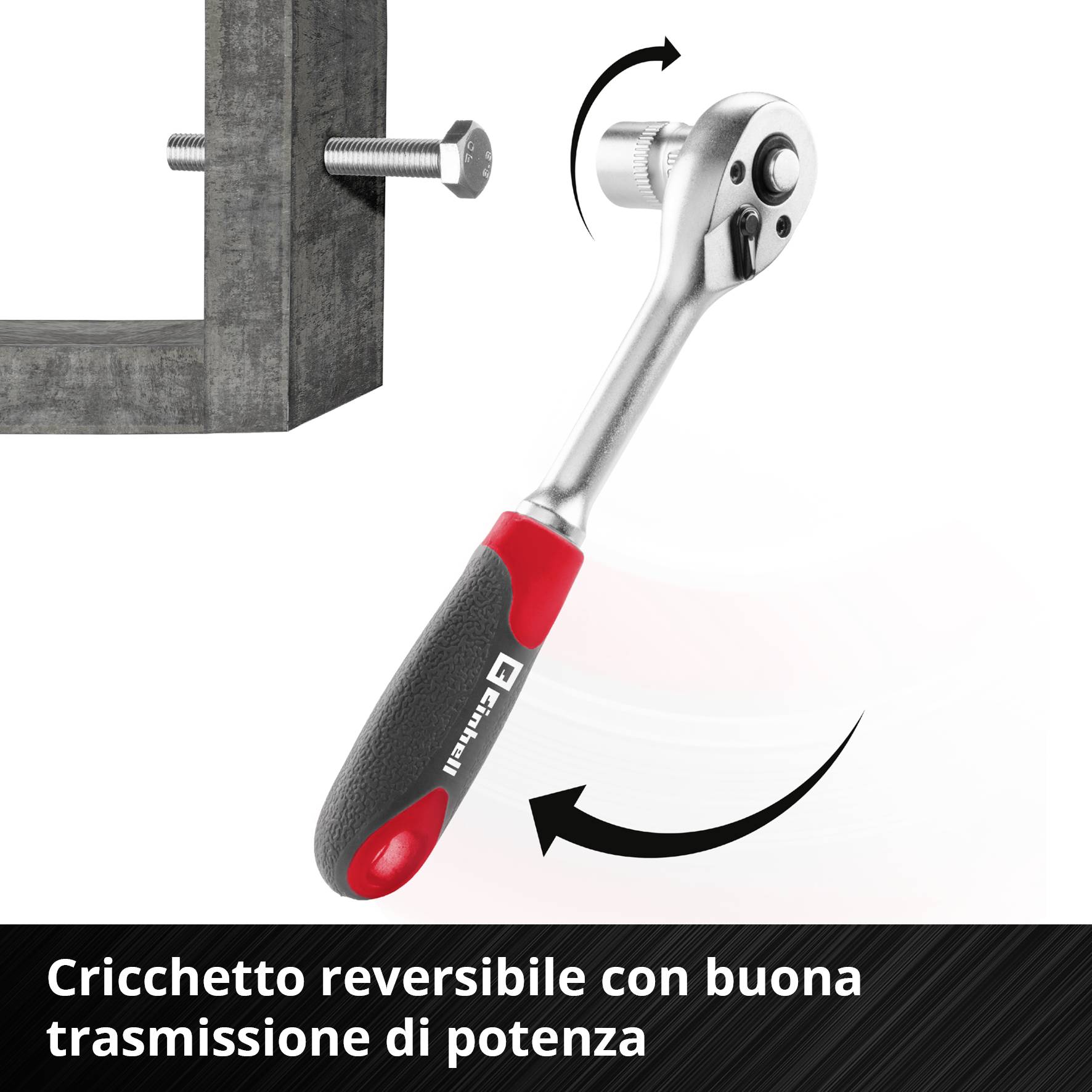 Cricchetto a cricco per serrare una vite su una cornice metallica. Testo: 'Cricchetto con buona trasmissione di forza'.