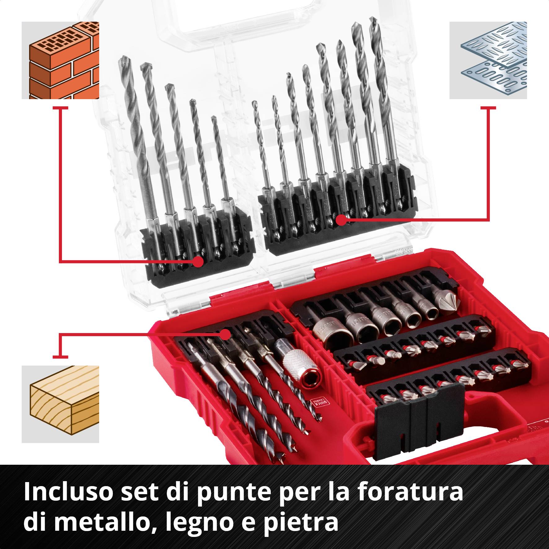Valigia aperta con diversi trapani e punte per avvitare. Testo: 'Incluso set di punte per lavorazioni di foratura in metallo, legno e pietra'. Simboli dei materiali a sinistra.
