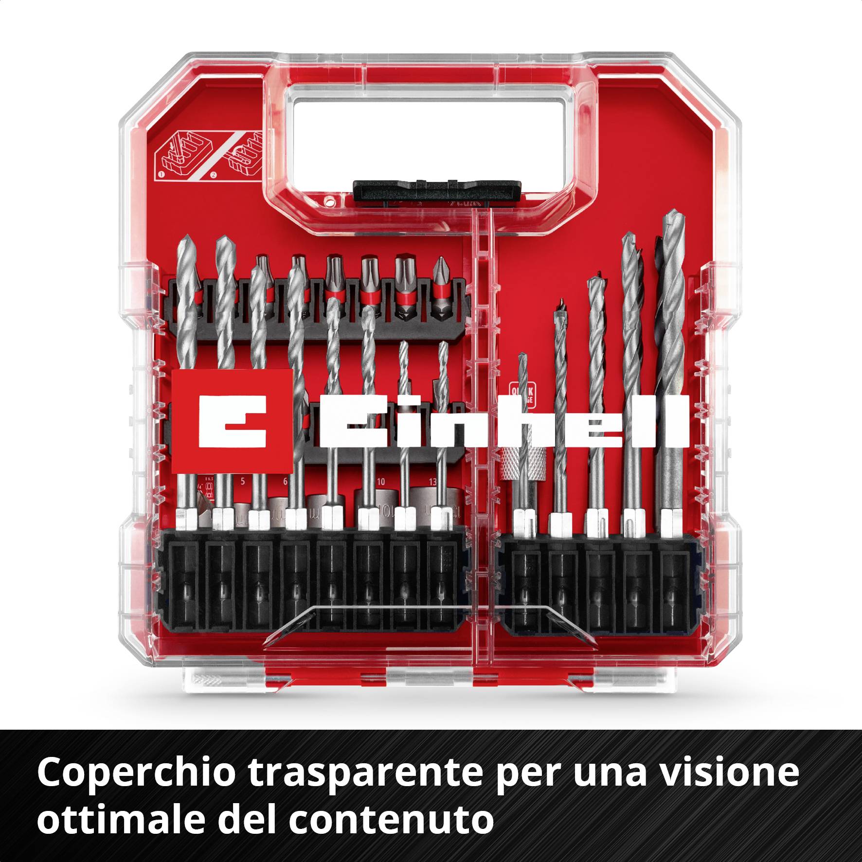 'Set di utensili Einhell in scatola trasparente, ideale per una visione d'insieme del contenuto. Diversi punte e bit in colorazione rossa e nera.'