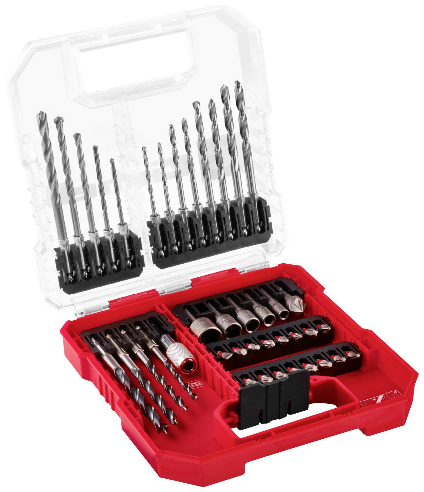 Set di punte in custodia di plastica rossa con diversi punte e bit, idoneo per legno, metallo e calcestruzzo. Coperchio trasparente.
