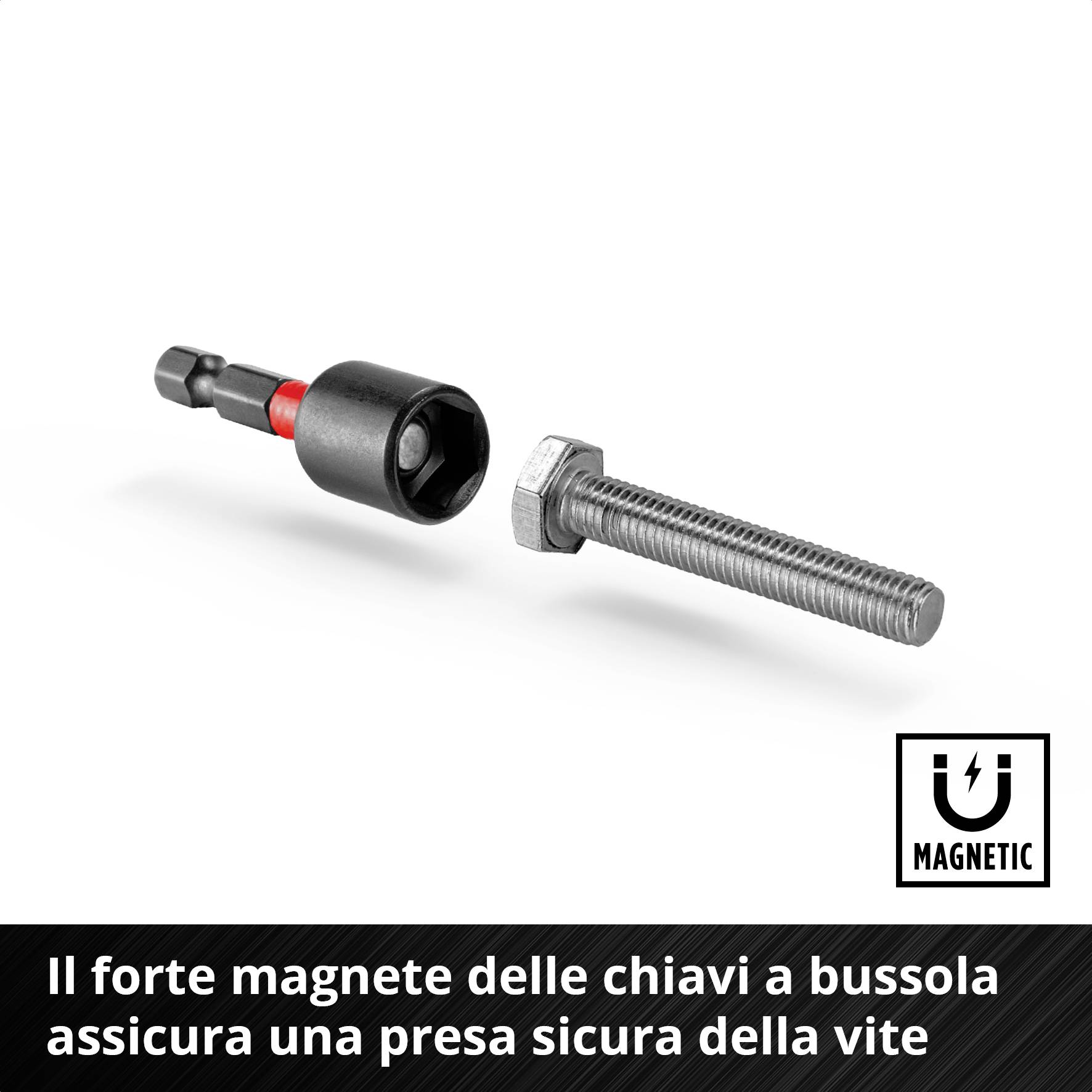 'Chiave a bussola con un forte magnete che tiene il bullone saldamente fermo. Prodotto contrassegnato con il simbolo del magnete nell'angolo.'