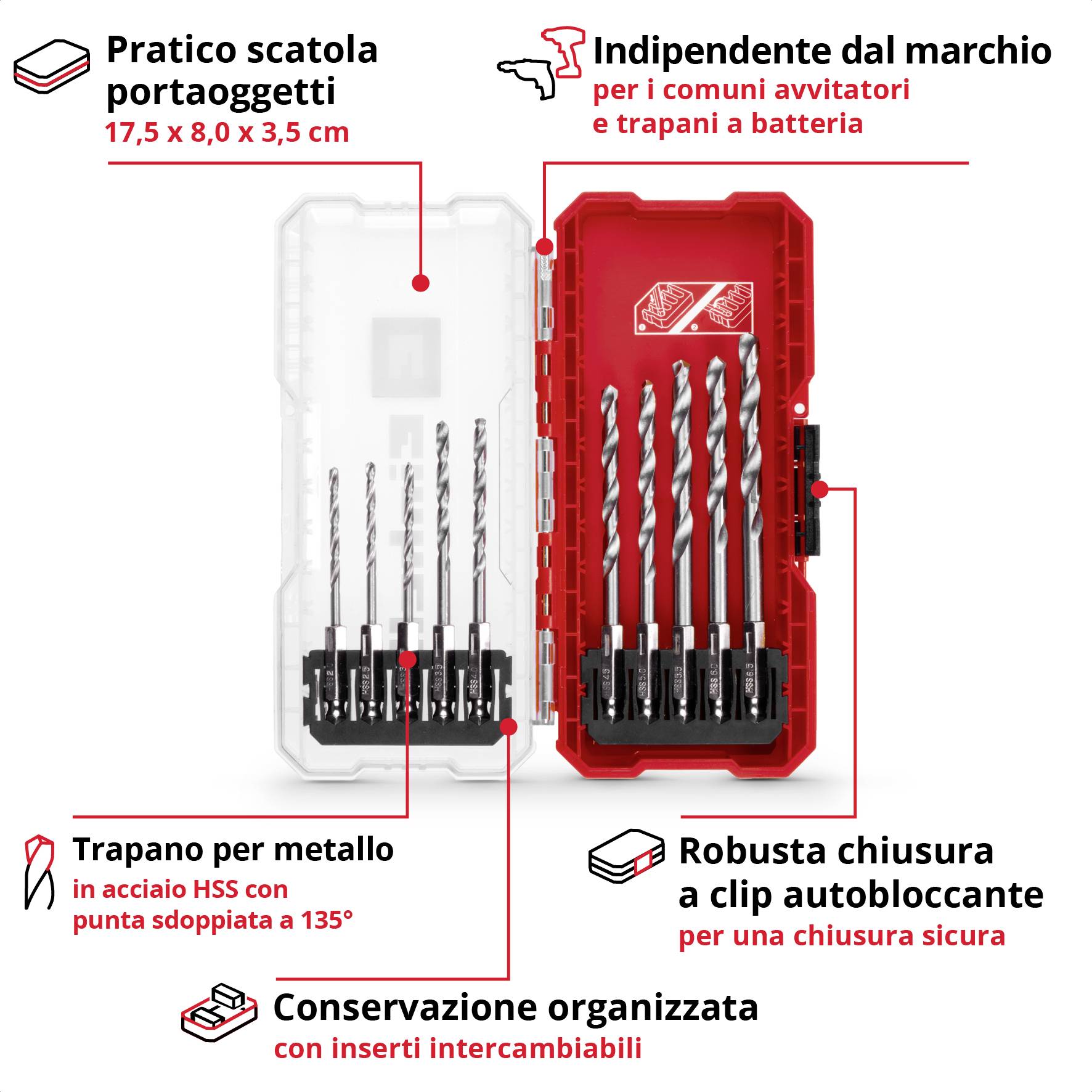 'Set di punte in scatola di conservazione rossa, indipendente dal marchio, con punte in metallo (2-6,5 mm), chiusura automatica e inserti intercambiabili.'