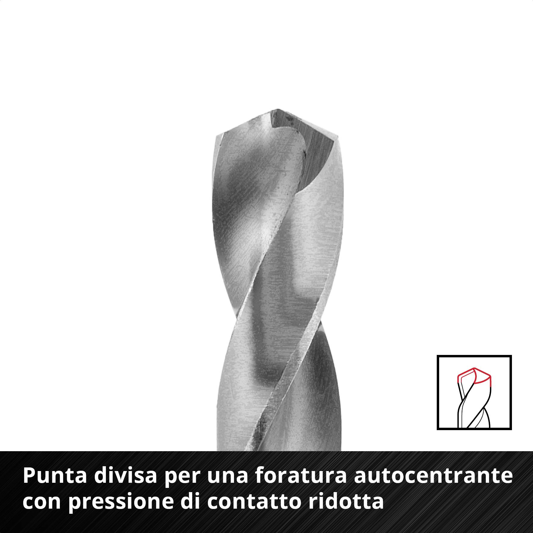 'Punta a punto diviso per foratura autocentrante con pressione ridotta.' Punta a spirale più robusta per foratura precisa.