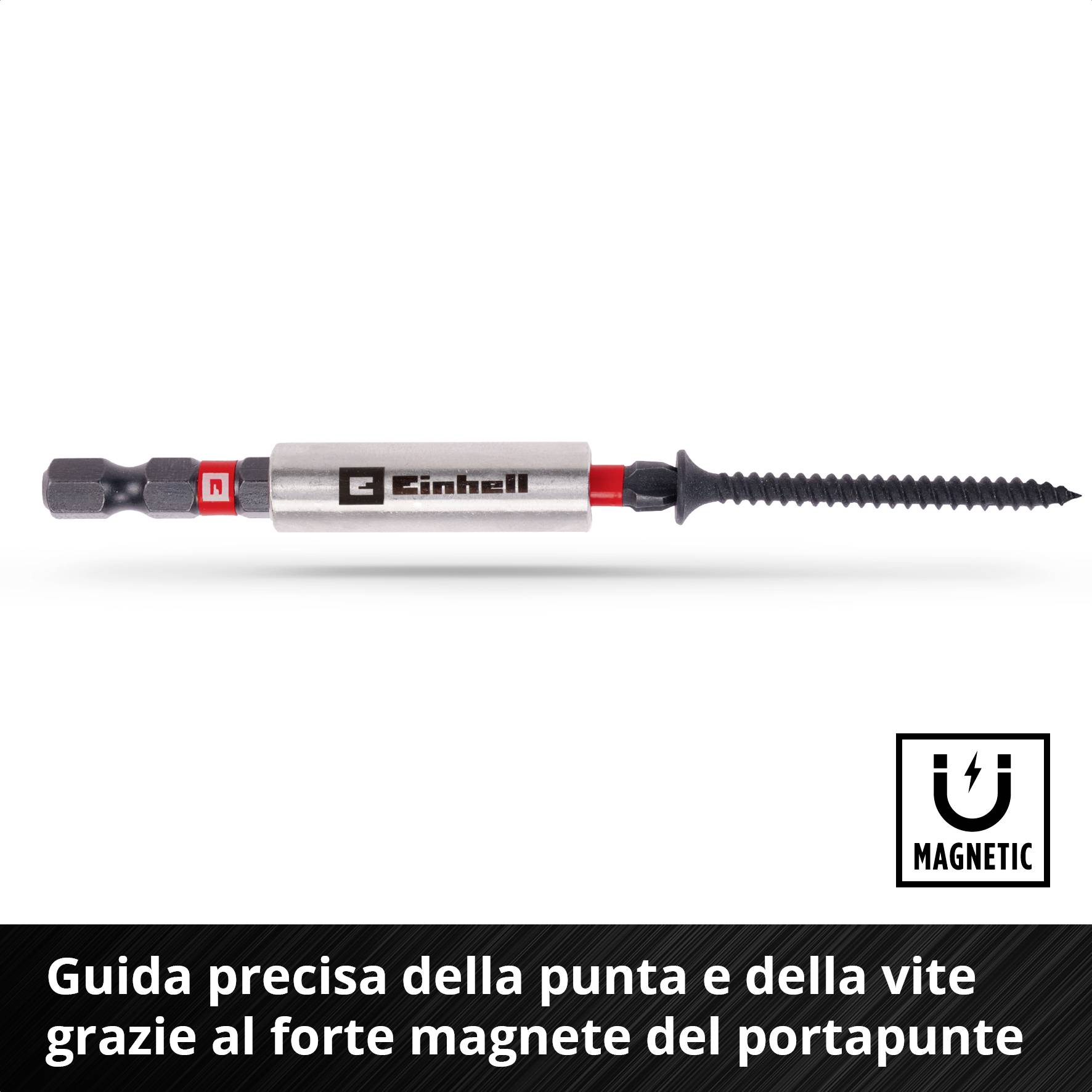 Utensile di precisione con vite e bit, pubblicizzato con forte forza magnetica per una guida precisa. Logo del marchio visibile, parola chiave 'Magnetic'.