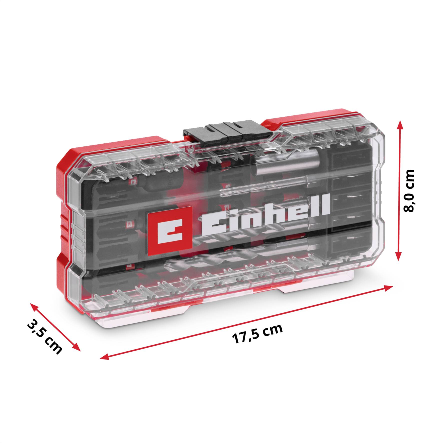Un contenitore trasparente in plastica di Einhell con inserti per cacciaviti. Misure: 17,5 cm di larghezza, 3,5 cm di profondità e 8,0 cm di altezza.