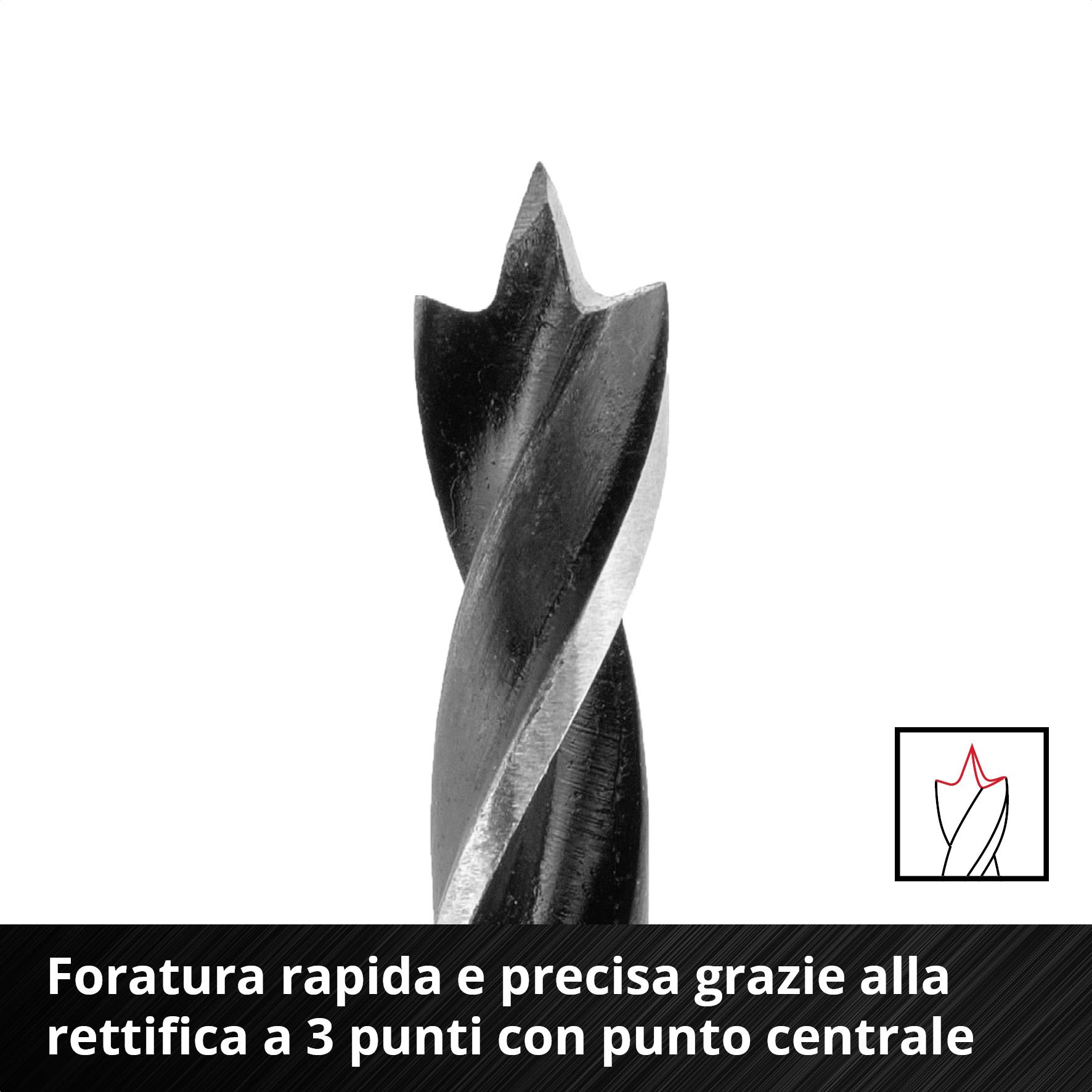 Mandrino con taglio a 3 punti e punta di centraggio per foratura rapida e precisa.