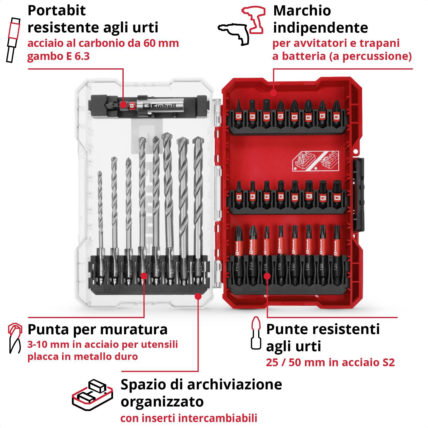 'Set di utensili con punte e bit: Portabit resistente agli urti, punte per pietra, bit resistenti agli urti; indipendente dal marchio. Spazio di archiviazione organizzato.'