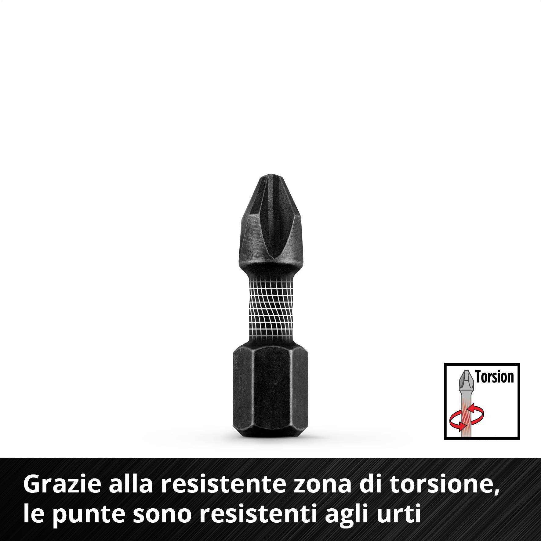 'Bit con zona di torsione per maggiore resistenza agli urti.'