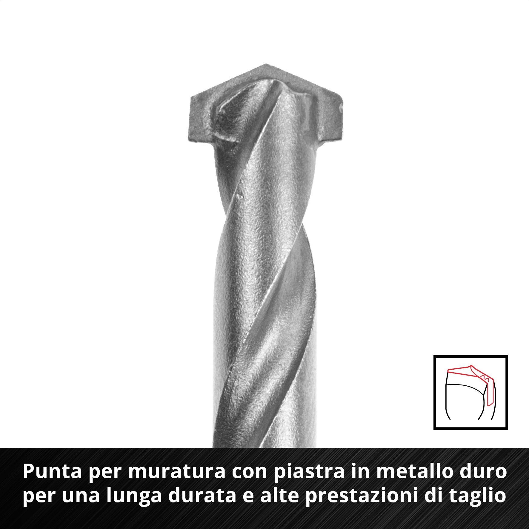 'Punta in acciaio con placca in metallo duro per una lunga durata e un'elevata capacità di taglio.' Mostra un trapano robusto con design a spirale.