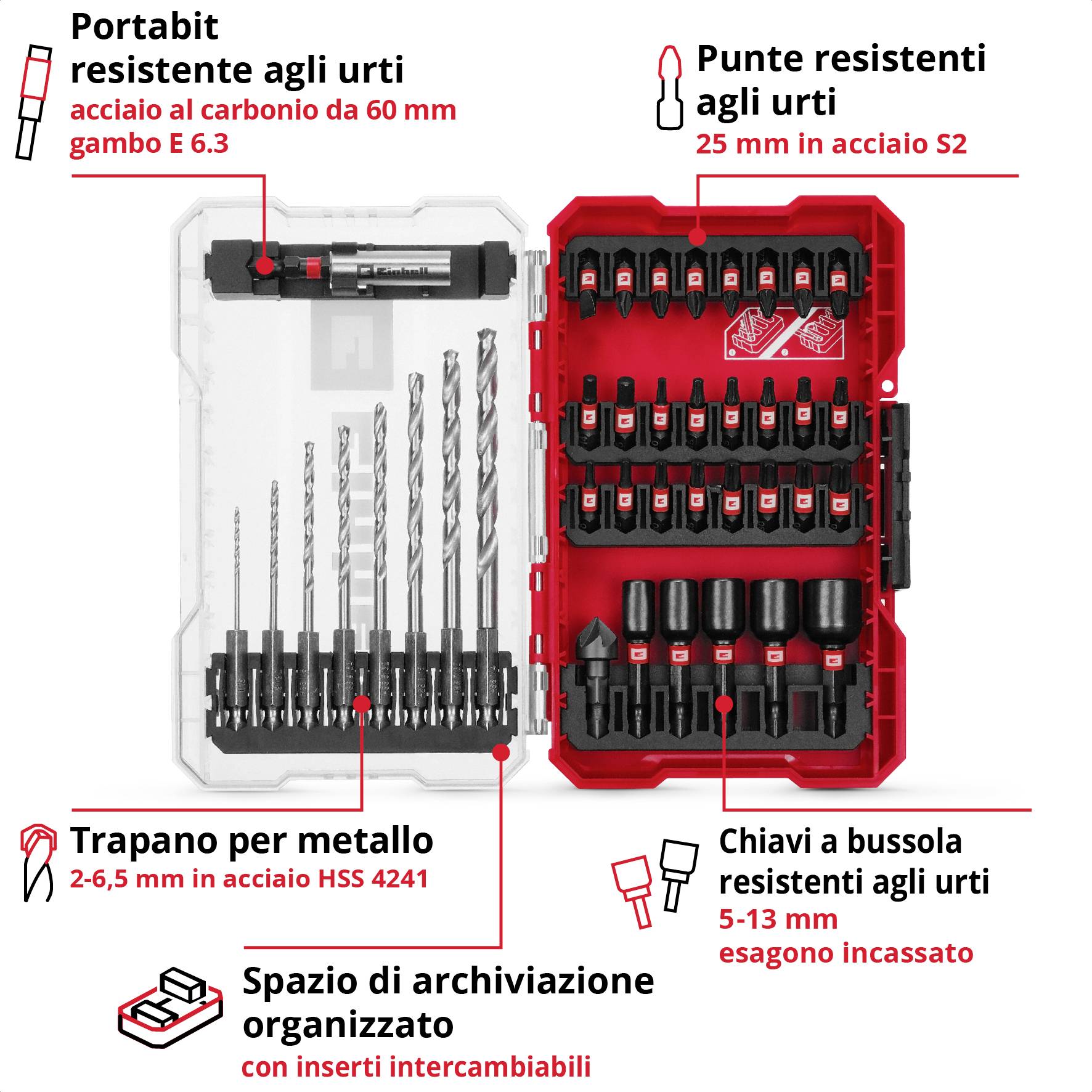 'Set di utensili con portapunte resistente agli urti, punte metalliche, bit e chiavi a bussola in una pratica valigetta portautensili organizzata.'