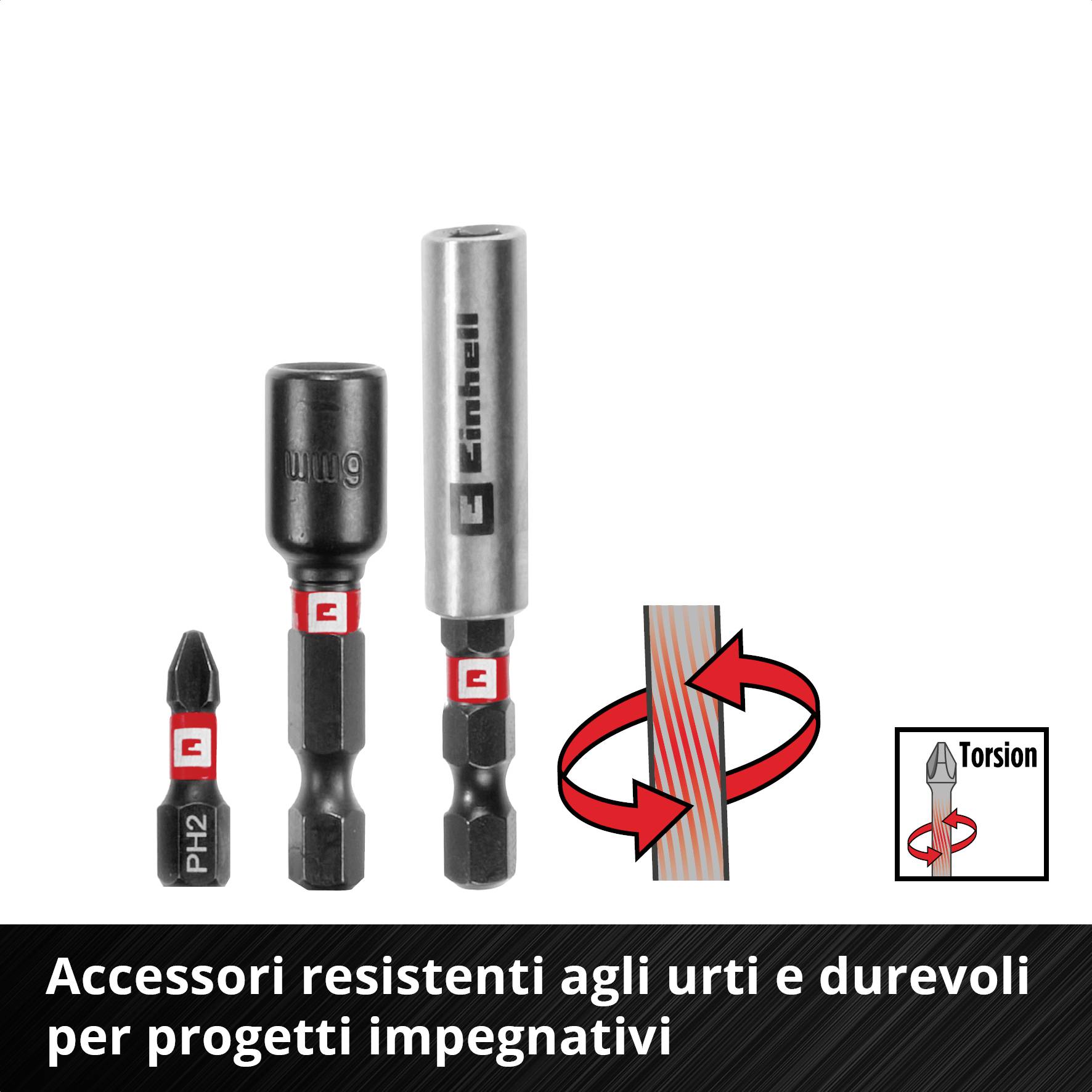 'Tre diversi bit e inserti, robusti e duraturi, con un accenno alle proprietà di torsione. Testo: "Accessori resistenti e duraturi per progetti impegnativi."'