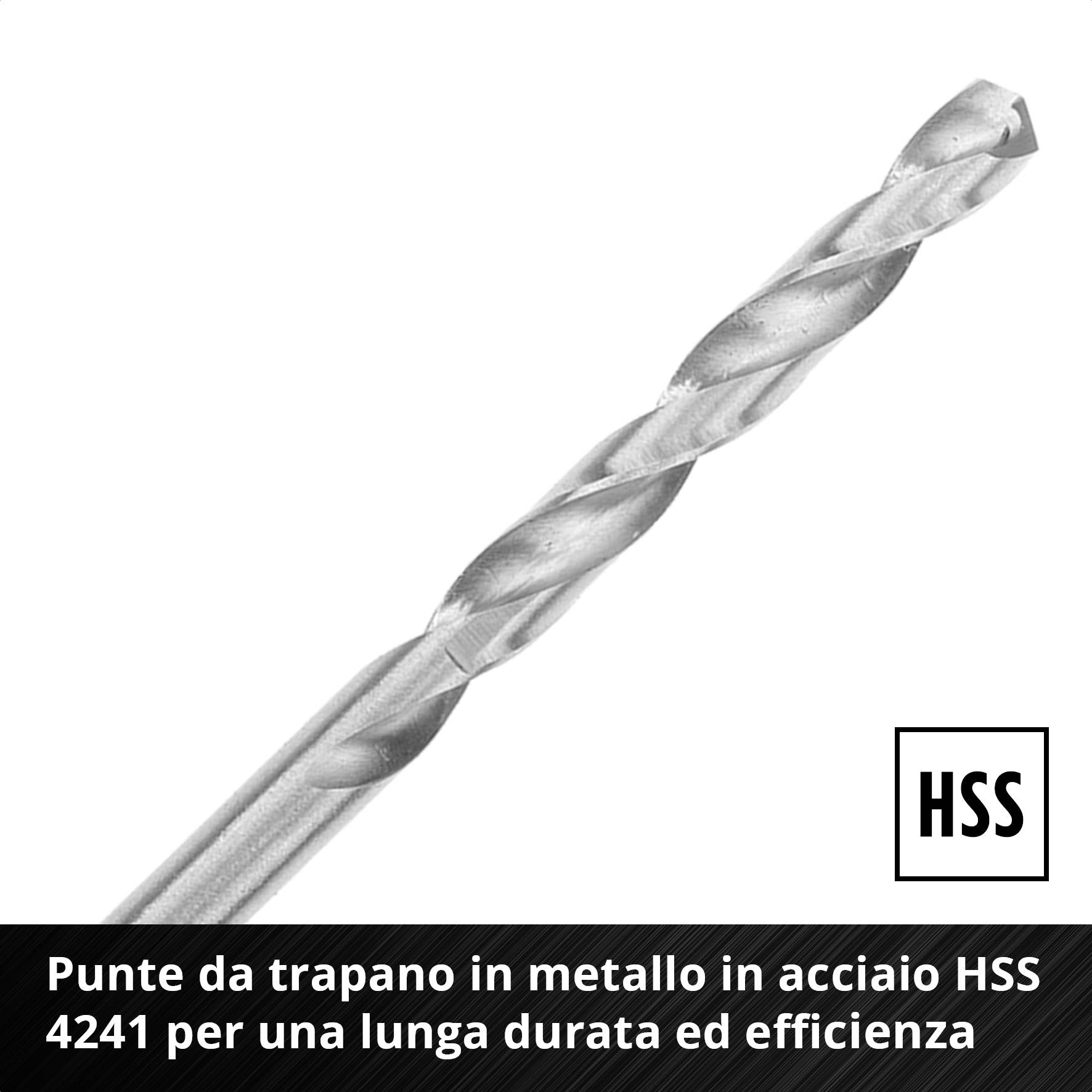 Punte in acciaio HSS 4241, offrono lunga durata e alta efficienza, raffigurate su sfondo bianco, con logo HSS.