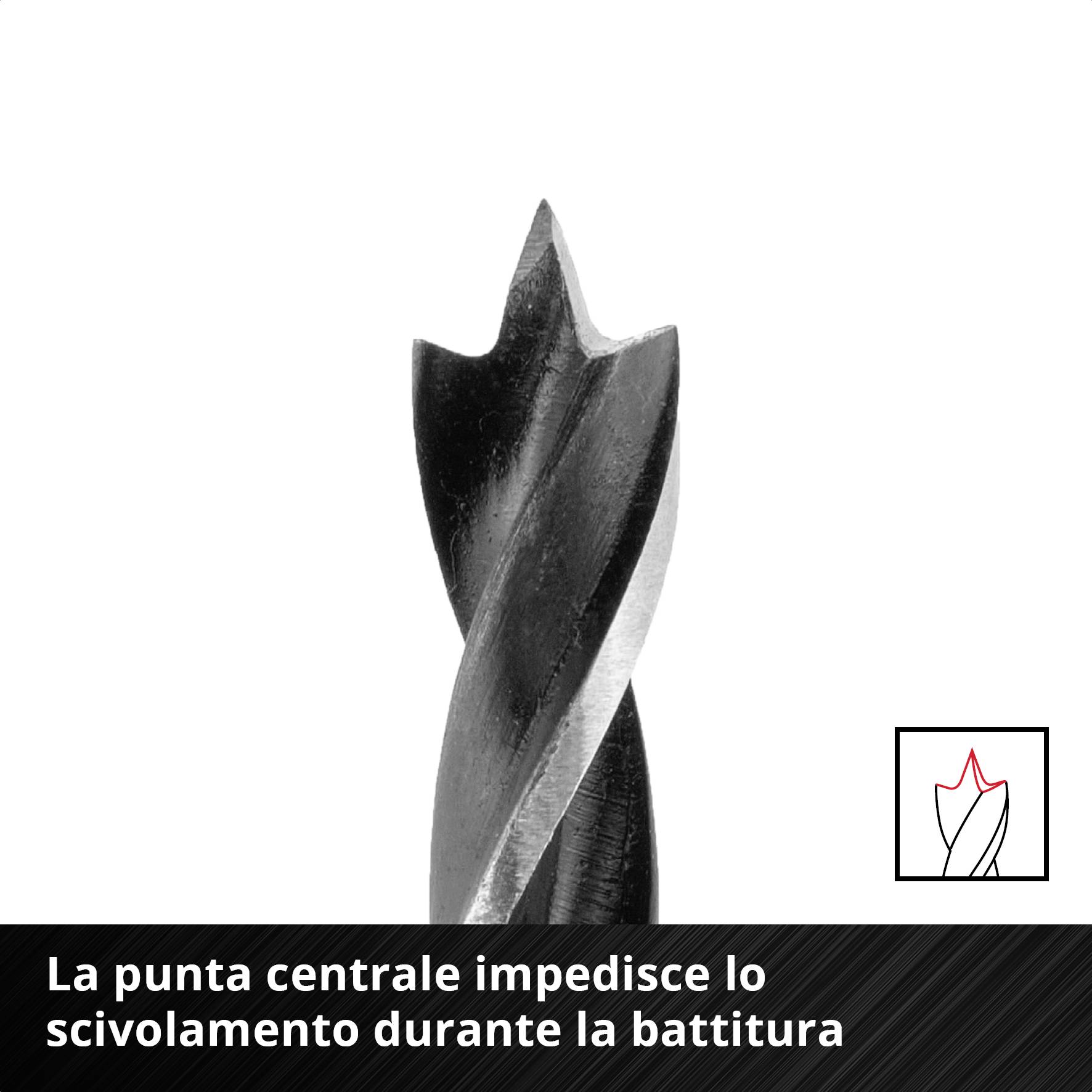 Punta da trapano con centro di centraggio che impedisce lo slittamento durante la perforazione. Design a spirale nero per la precisione.
