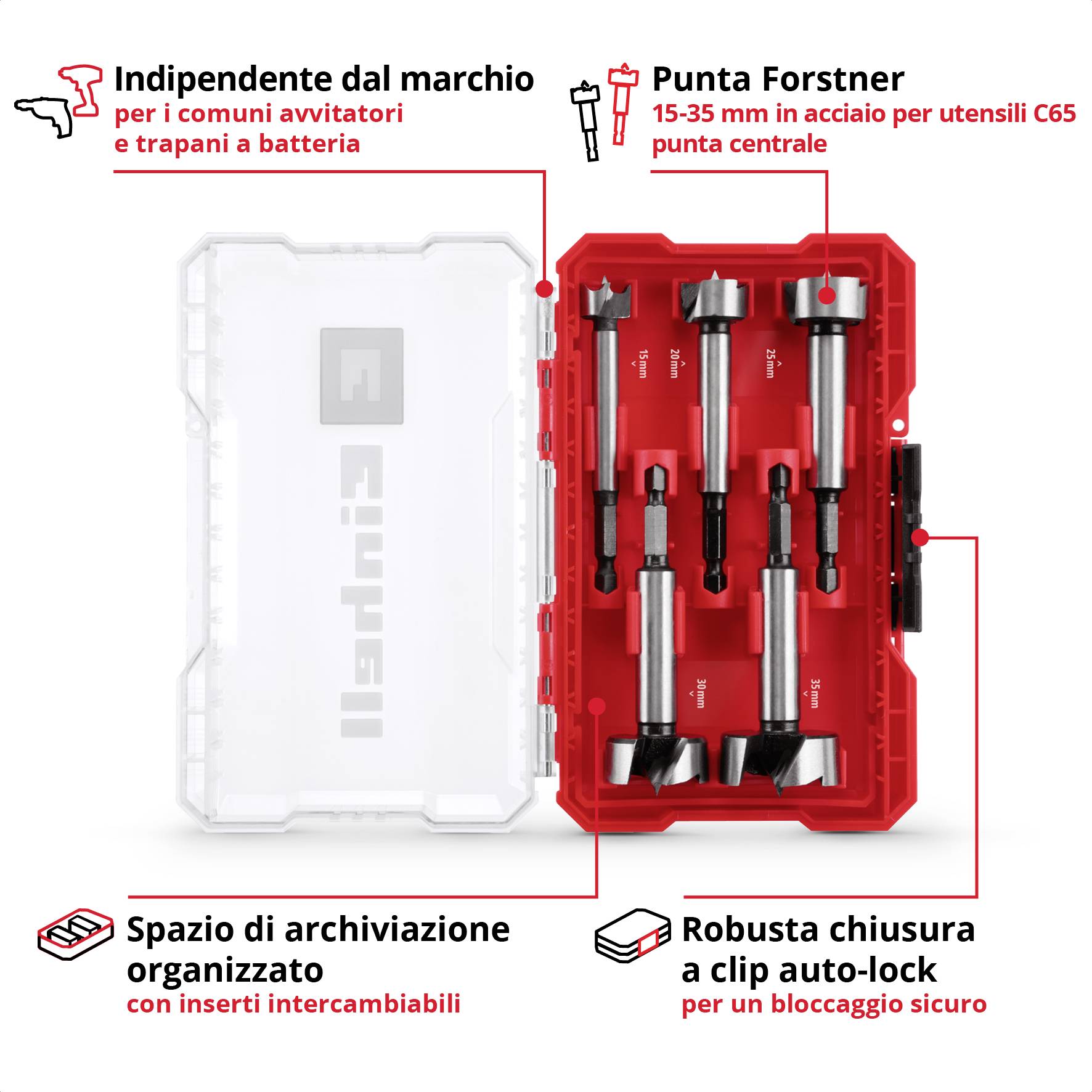 'Set di utensili a batteria con punte Forstner. Include uno spazio organizzato e un meccanismo di chiusura automatica per cacciaviti e punte da trapano più comuni.'