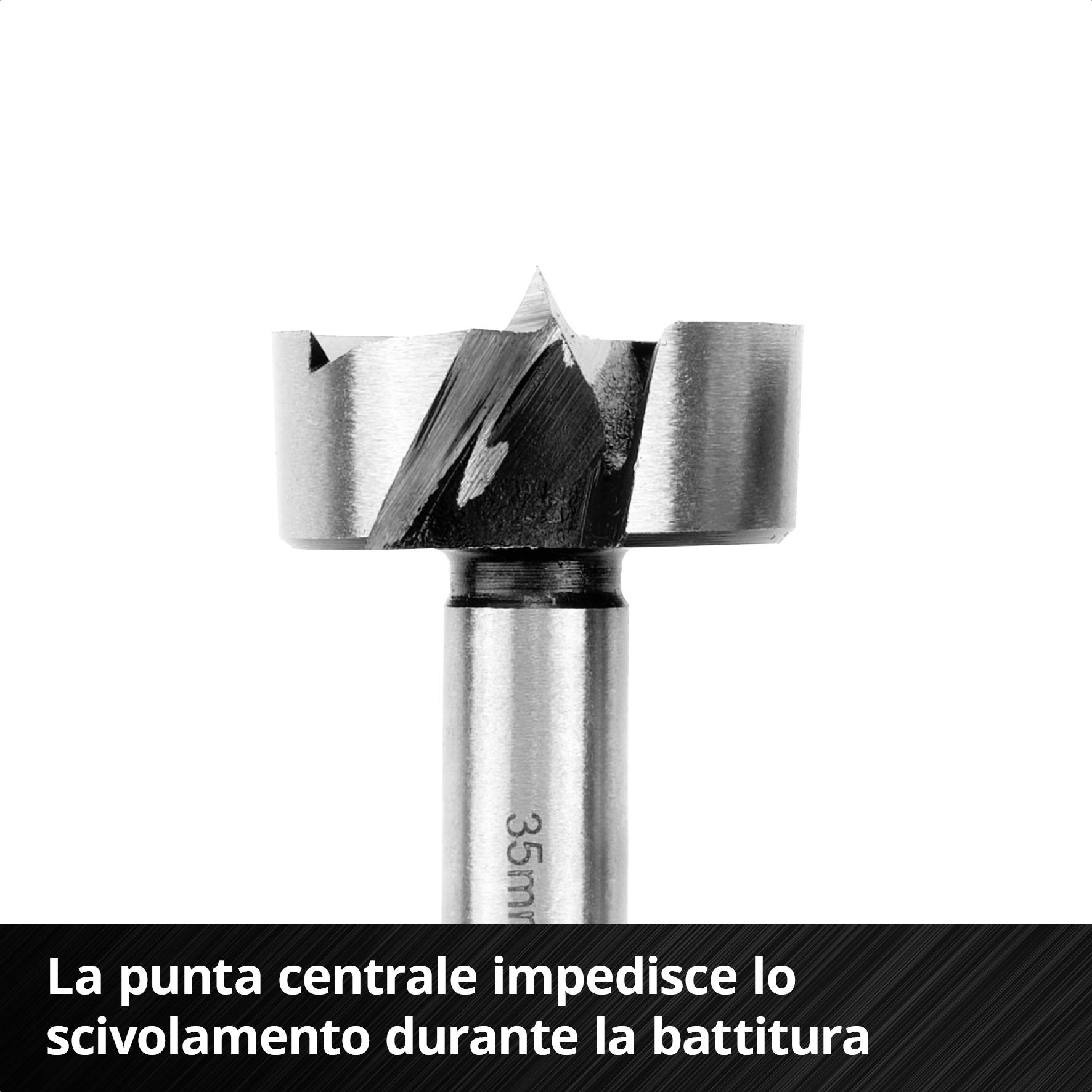 Punta a trapano di Forstner con punta di centraggio e testo nero: 'La punta di centraggio previene lo slittamento durante la foratura'.