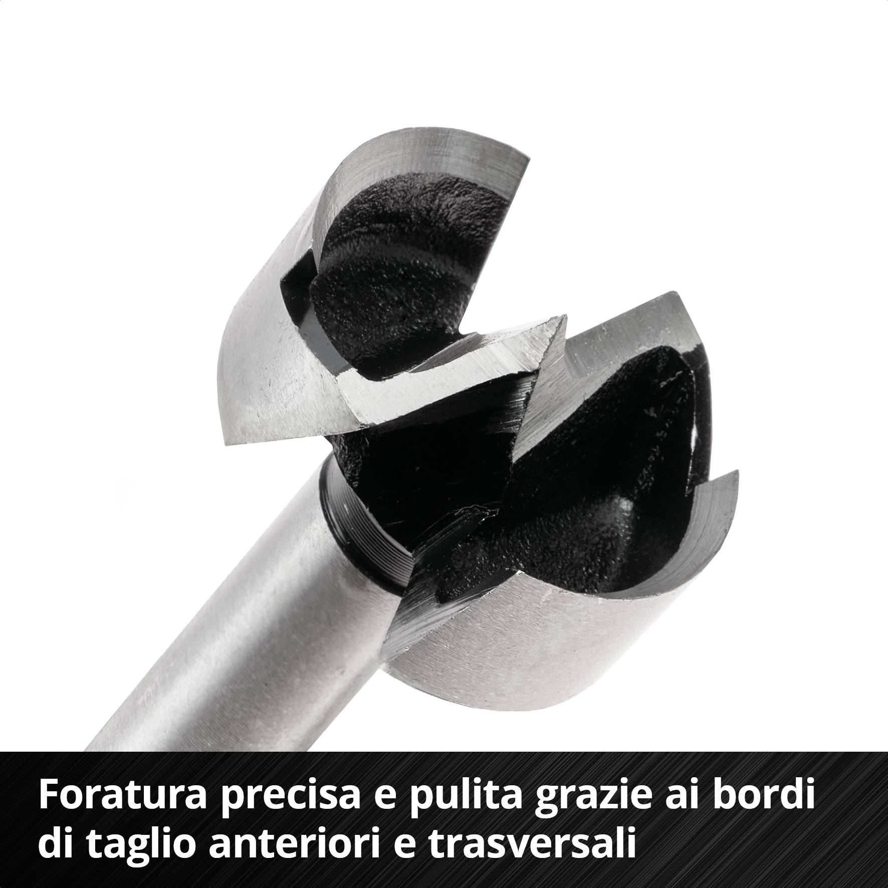 Punta Forstner con taglienti affilati, idonea per forare legno in modo preciso e pulito. Testo: 'Foratura precisa e pulita grazie ai taglienti anteriori e trasversali'.