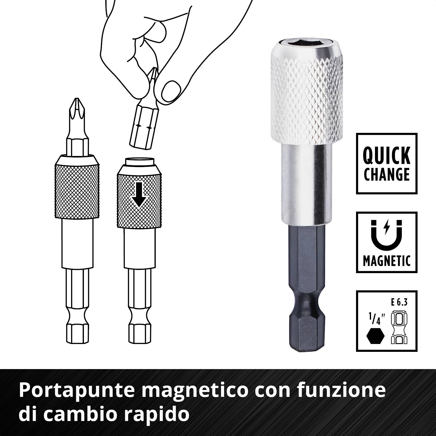 Supporto magnetico per bit con funzione di cambio rapido e forza magnetica, che mostra l'inserimento di un bit nel supporto.
