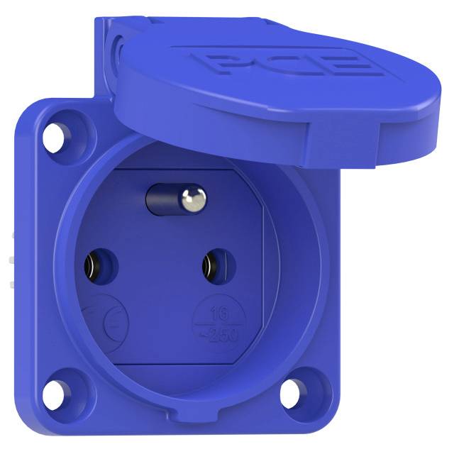Presa elettrica blu con messa a terra, aperta, che mostra la vista interna con due aperture di contatto e contatto di terra.