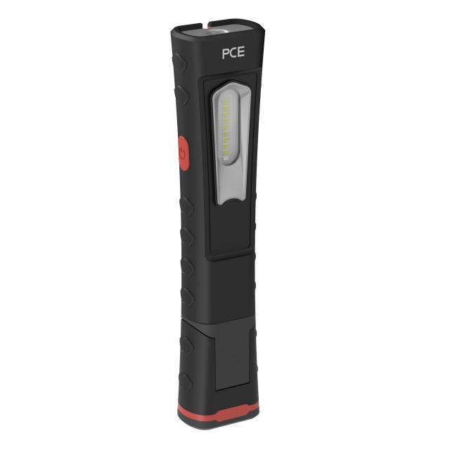 Torcia LED portatile nera con striscia laterale luminosa e pulsante rosso, ideale per artigiani e attività all'aperto.