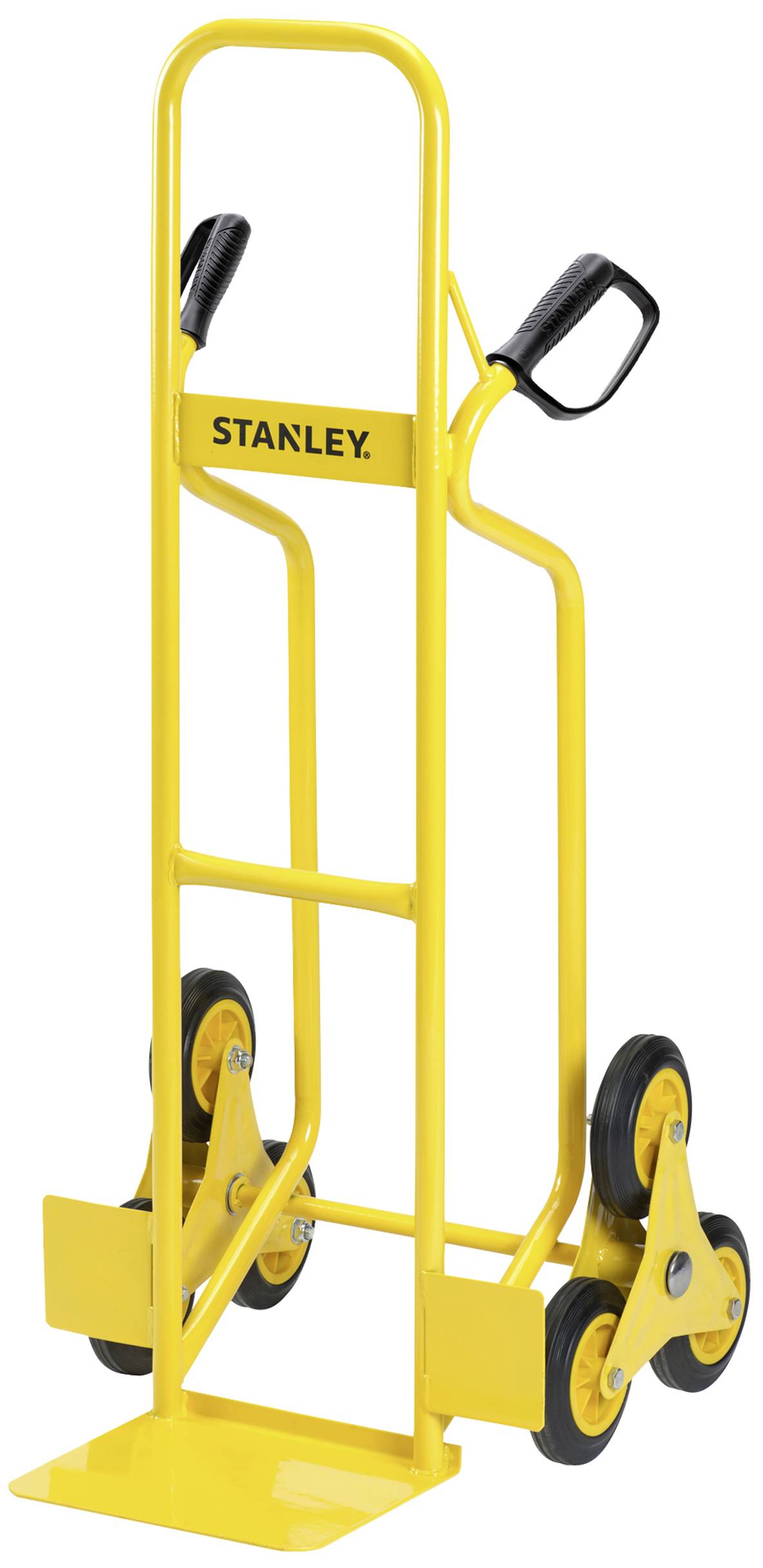 Un carrello porta sacchi giallo con tre ruote su ogni lato. Adatto per spostare oggetti pesanti.