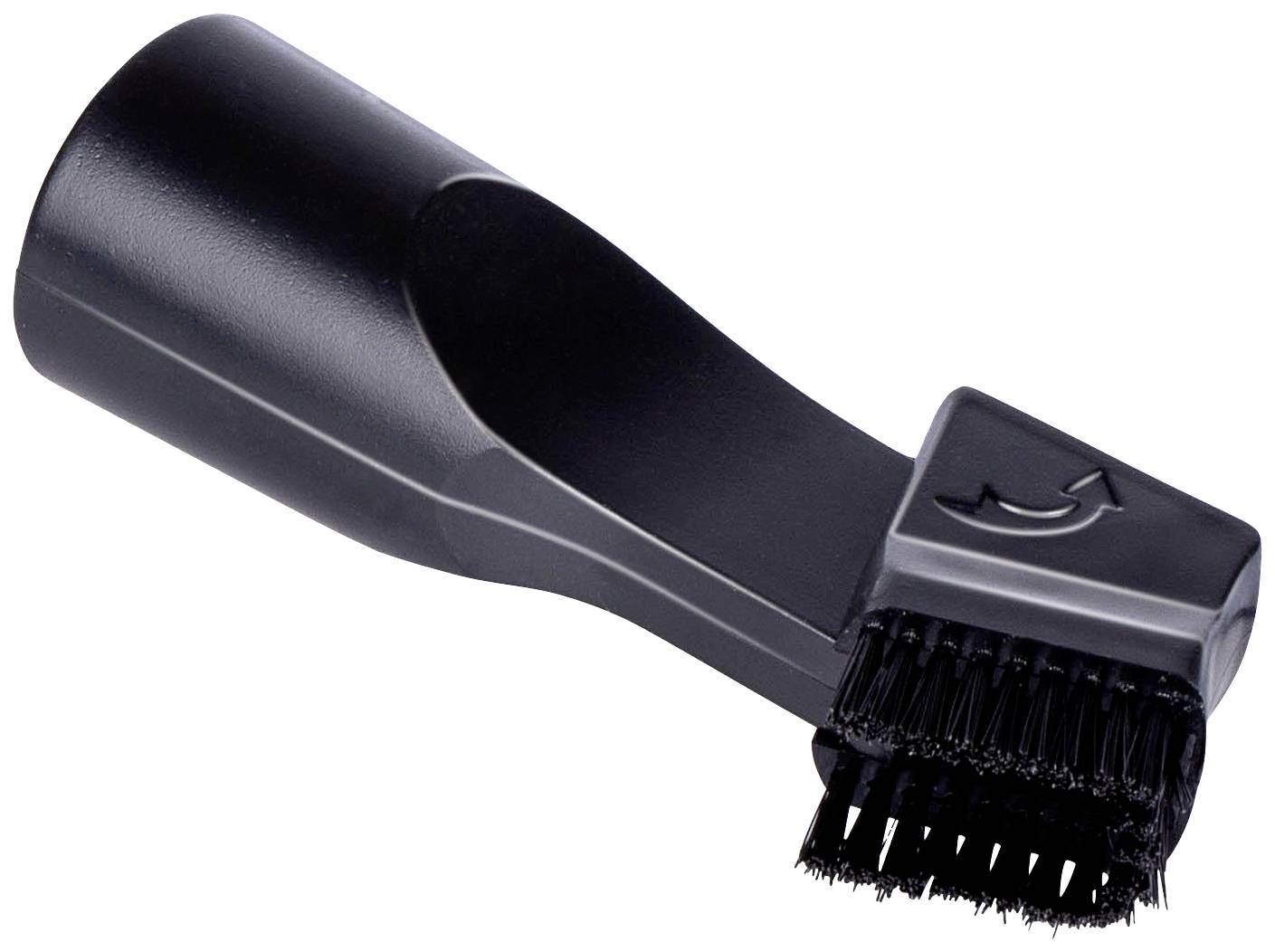 Un accessorio nero in plastica con setole e un segno di freccia. Probabilmente utilizzato per la pulizia, ad esempio per gli aspirapolvere.