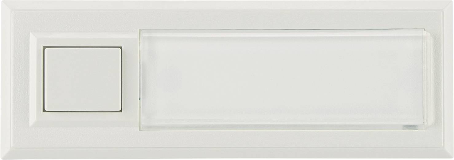 Pannello interruttore a parete rettangolare di colore bianco con un piccolo pulsante quadrato sulla sinistra e una grande copertura trasparente sulla destra.