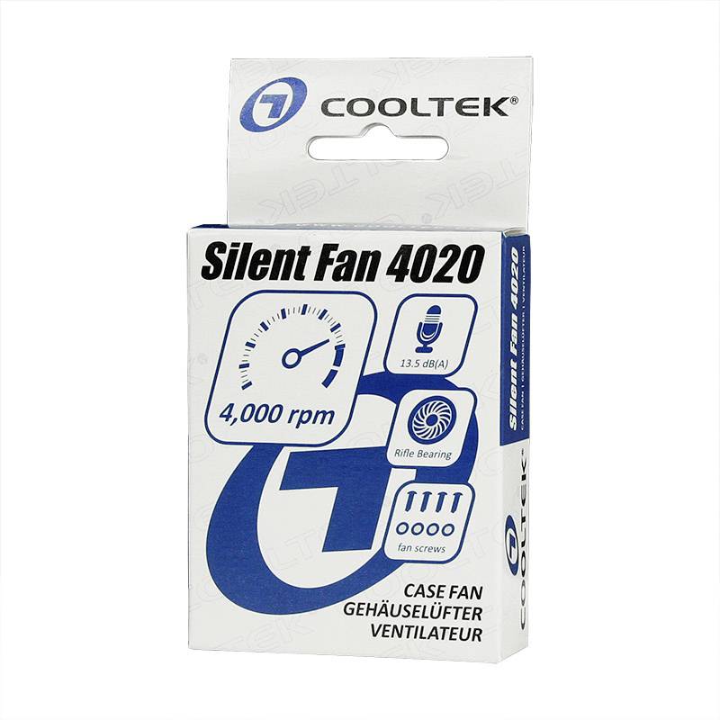 Confezione del Cooltek Silent Fan 4020, 4.000 giri/min, a bassa rumorosità (13,5 dBA), ventola per case con cuscinetto a manicotto e quattro viti di fissaggio.