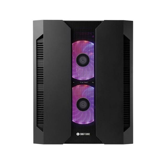 Custodia per computer nera con due ventole illuminanti di colore rosa visibili sul davanti.