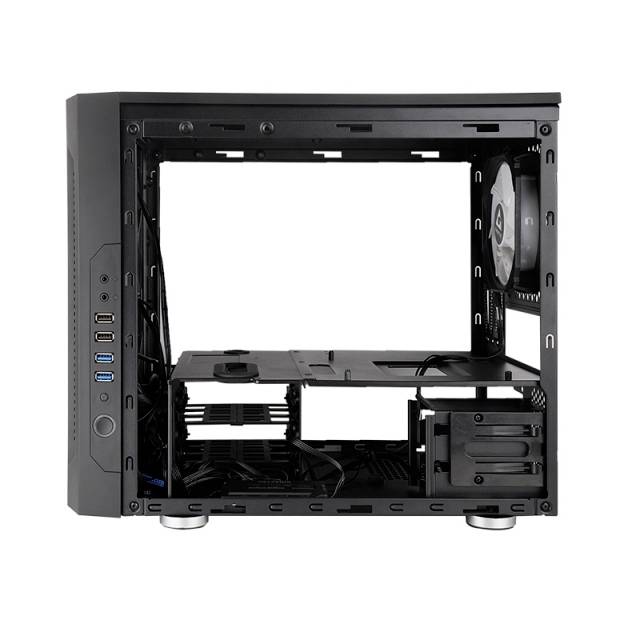 Custodia per computer nera senza componenti interni, con ventole visibili e diverse porte USB sul lato frontale.