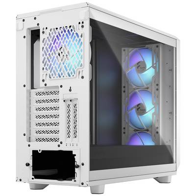 Un case per computer bianco con un pannello laterale trasparente che mostra tre ventole illuminate. Il retro del case è parimenti visibile.