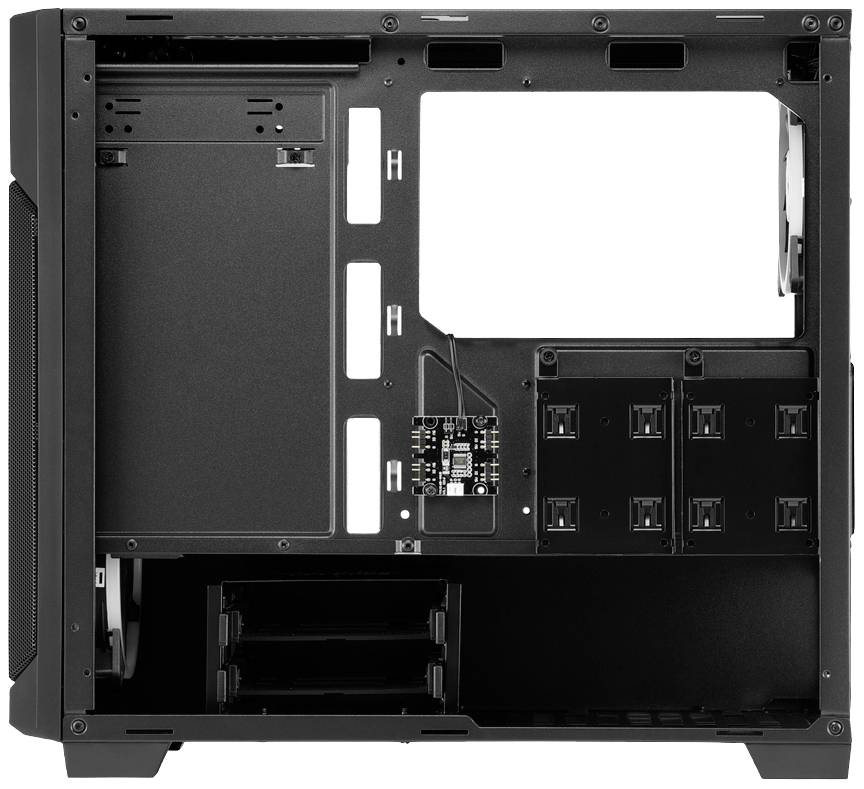 Un case per computer vuoto senza componenti, mostra lo spazio per la scheda madre, unità e slot di espansione, pronto per l'installazione.
