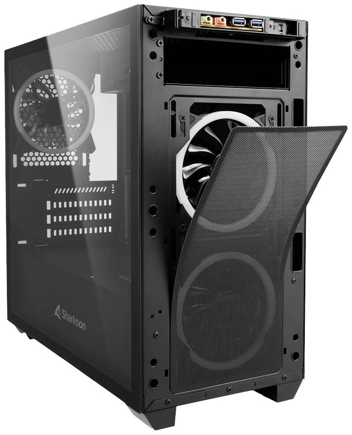 Un case nero per PC con il pannello frontale aperto mostra due ventole e connettori in alto. Finestra laterale in vetro per una vista dell'interno.