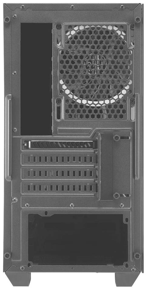 Retro di un case per computer con un'apertura per ventola in alto, diversi slot di espansione al centro e uno scomparto per l'alimentatore in basso.