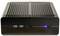 Mini PC nero con parte superiore del case zigrinata, due porte USB frontali e due LED luminosi sulla destra.