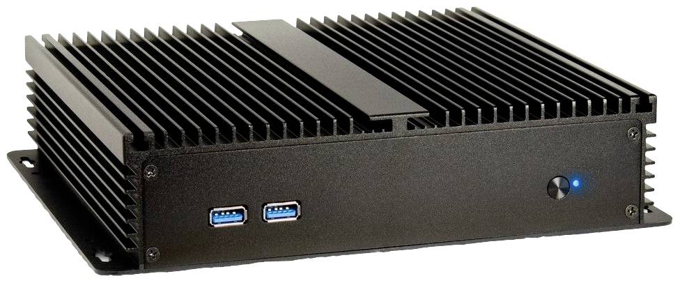 Un mini PC nero con alette di raffreddamento e due porte USB anteriori. Un LED blu si illumina sul lato destro del frontale.