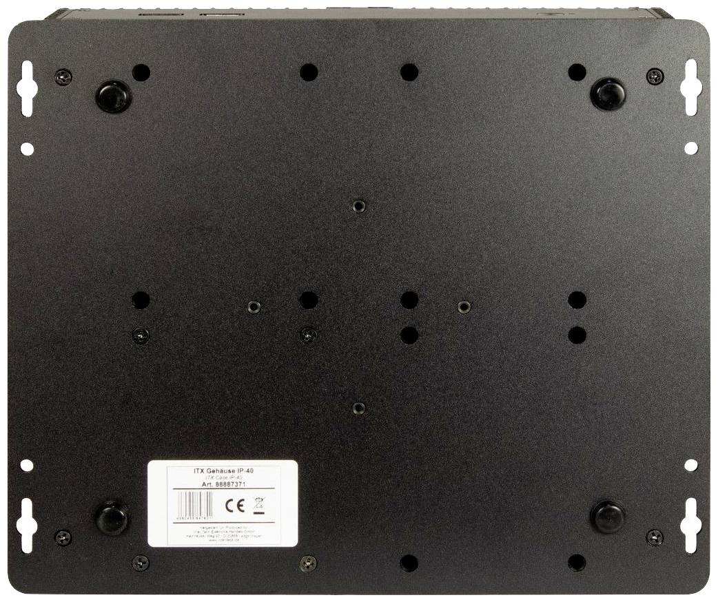 Retro di un dispositivo elettronico con diversi fori per viti e un'etichetta con marcatura CE in basso. Design essenziale.