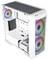 Un case per PC bianco con il pannello laterale aperto mostra tre ventole colorate con illuminazione RGB. Offre spazio per i componenti hardware.