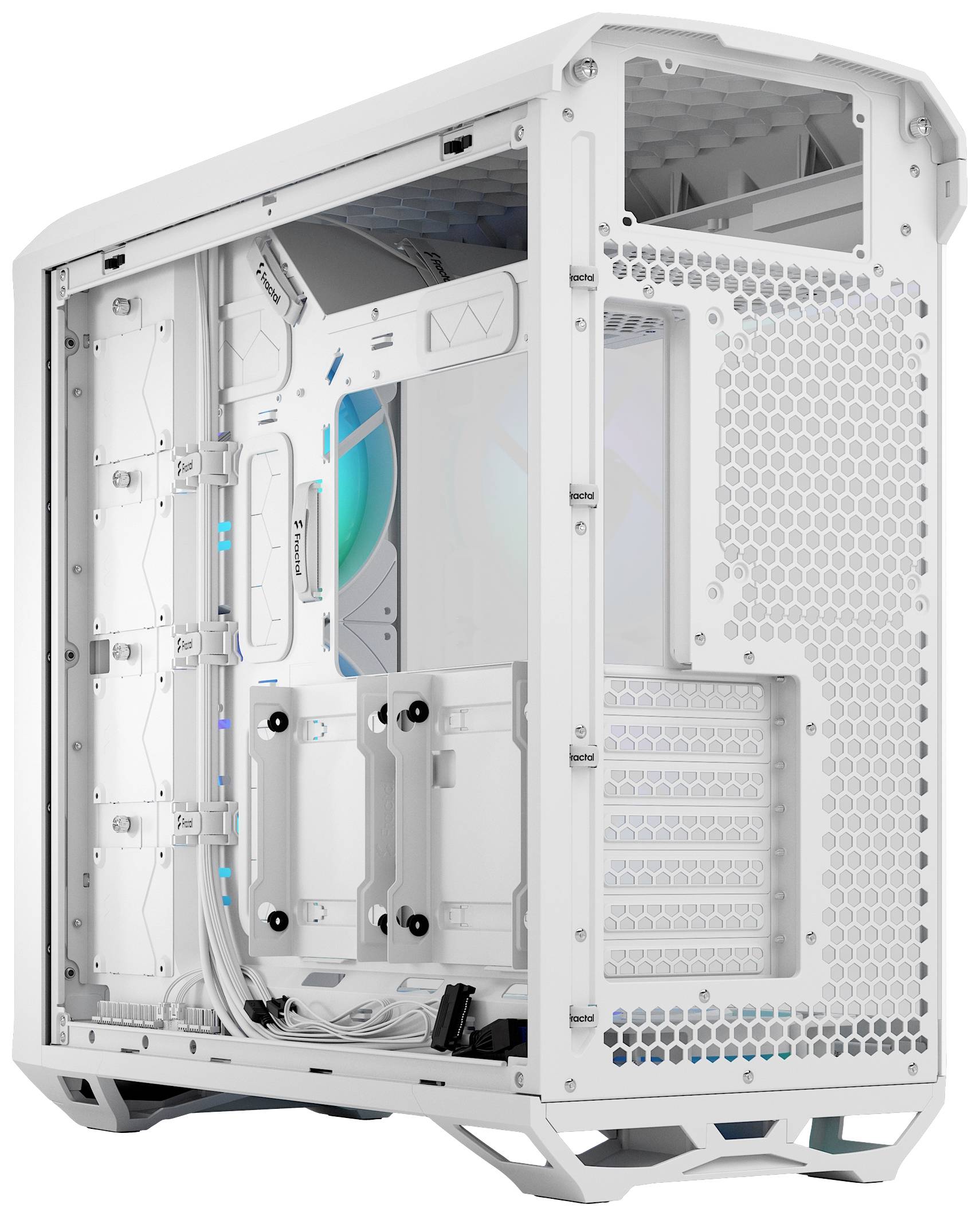 Custodia per computer bianca con pannelli laterali trasparenti. Opzioni di gestione dei cavi visibili e spazi per ventole.