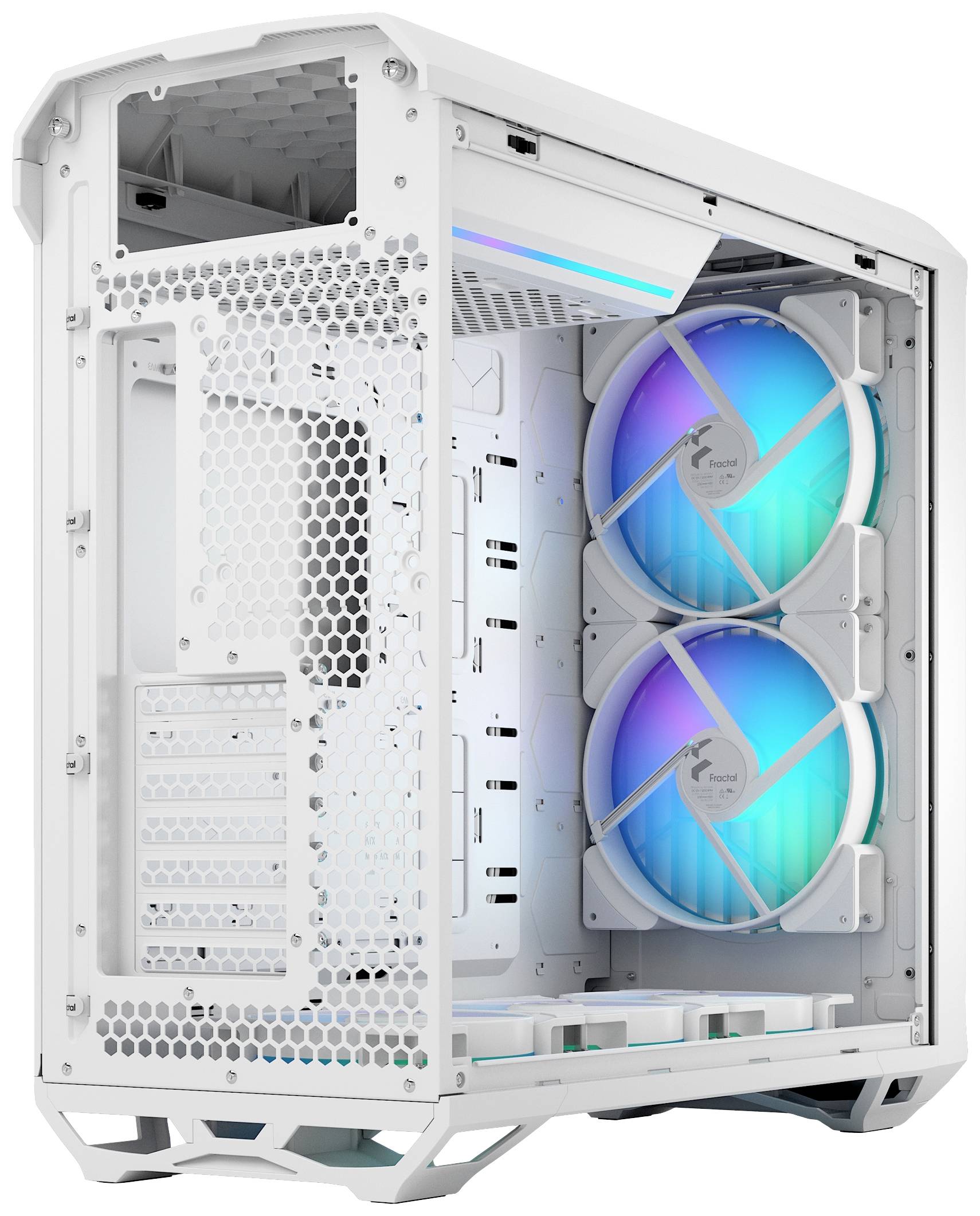 Un case per computer bianco con due ventole illuminate anteriori. È aperto lateralmente e mostra diversi slot di espansione.