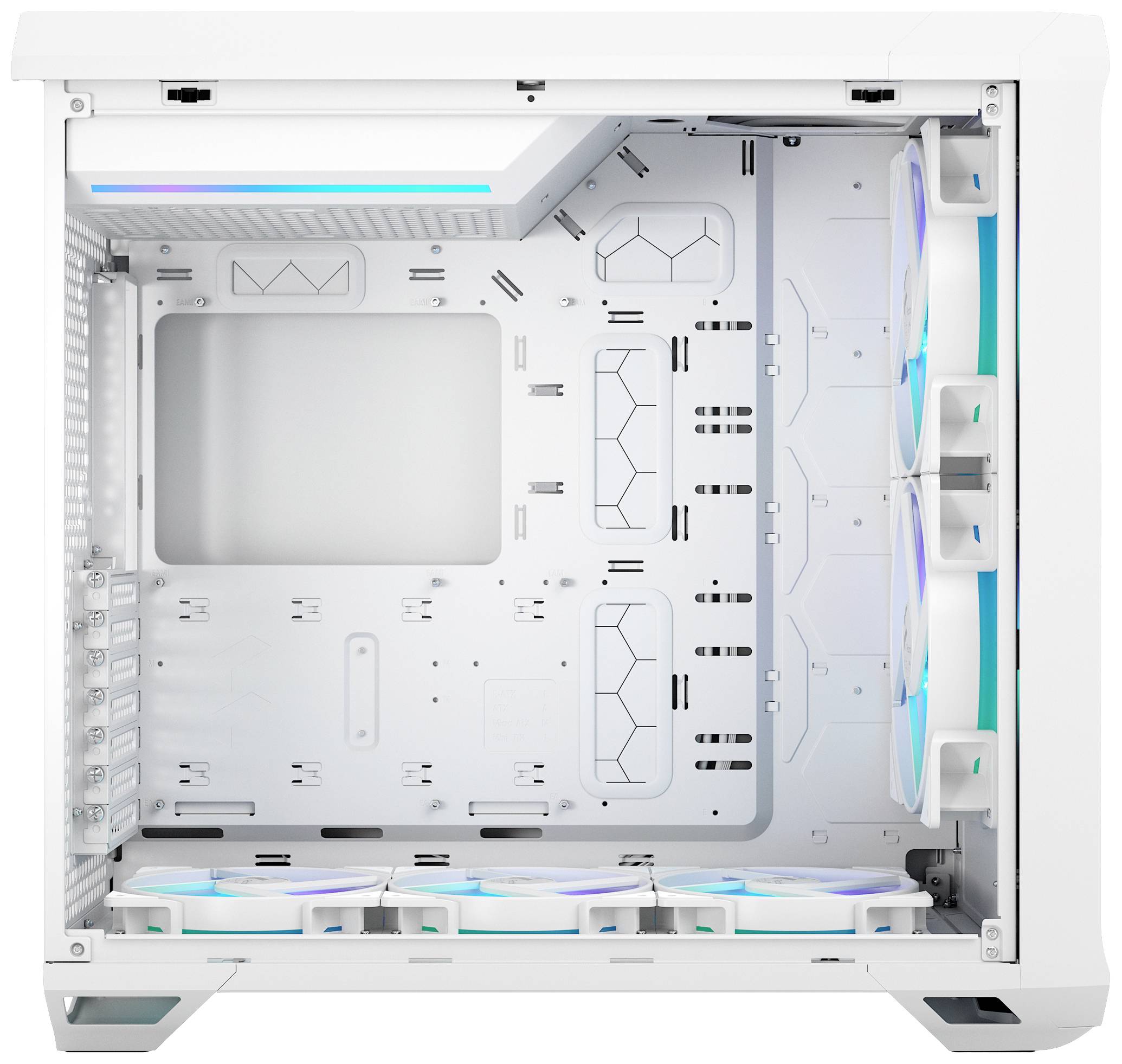 Un case per computer bianco visto dall'interno, con diversi ventilatori sul lato destro e sul fondo. Nessun componente hardware installato.