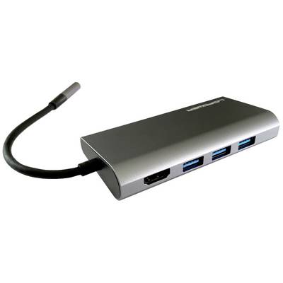 Un hub USB grigio con tre porte USB e una porta HDMI, collegato tramite un cavo.