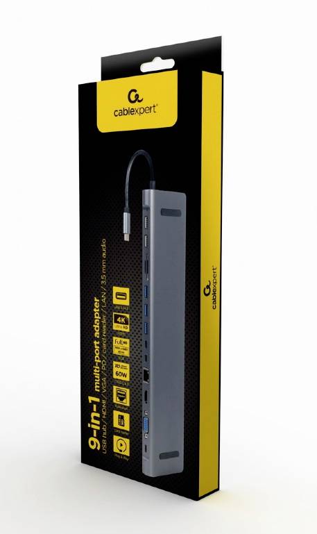 Confezione di un adattatore multiporta 'cablexpert' 9 in 1, con HDMI, USB, lettore di schede SD e altro ancora, presentato in un design nero e giallo.