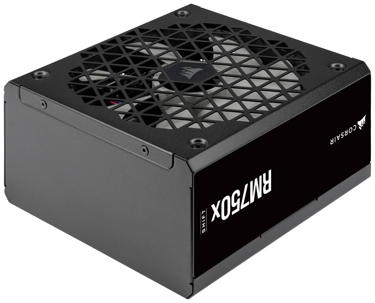 Un alimentatore Corsair RM750x per computer, nero, rettangolare, con griglia di ventilazione in alto.