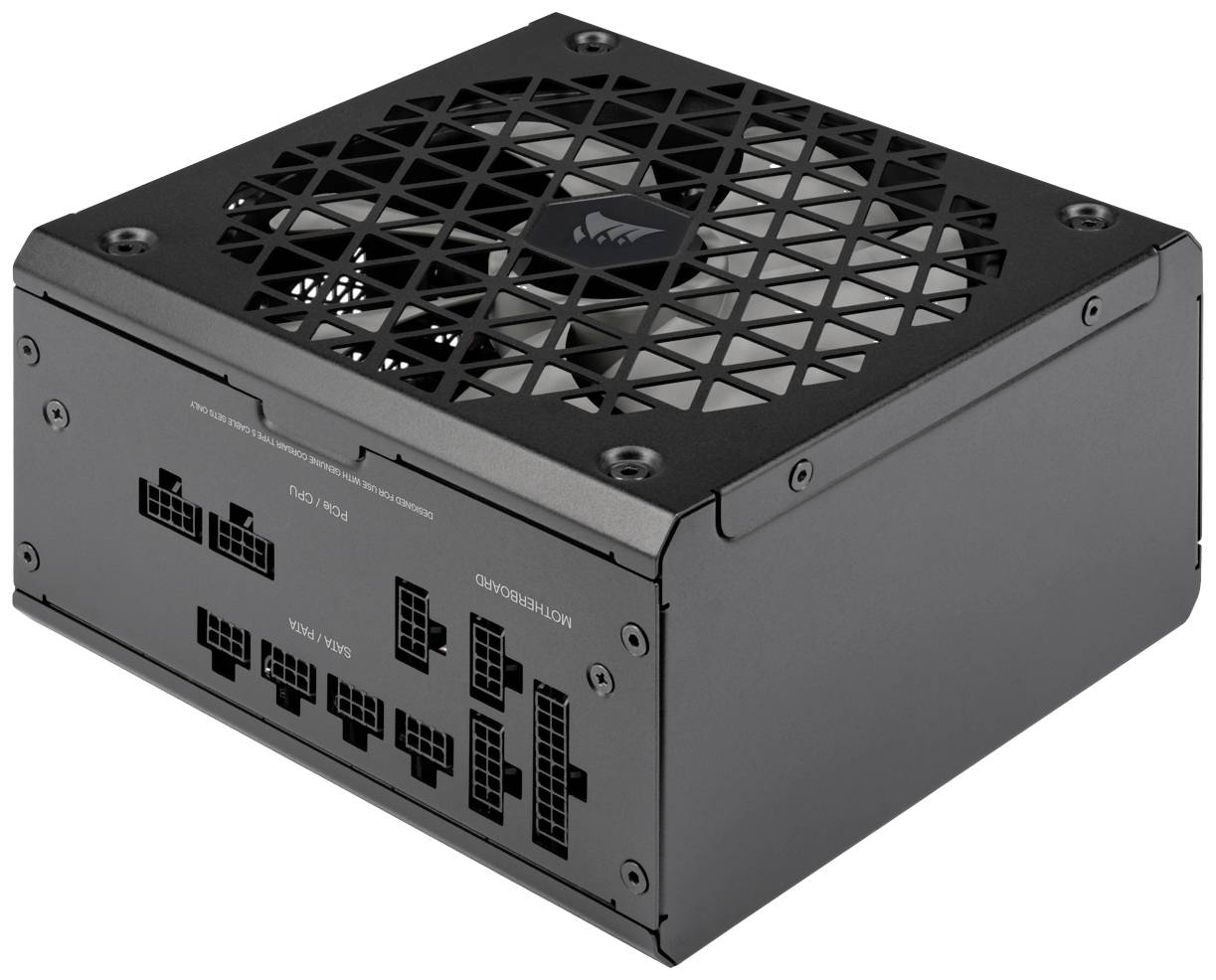 Un alimentatore nero per computer con ventola e multiple opzioni di connessione. Ha un design a griglia sulla parte superiore.