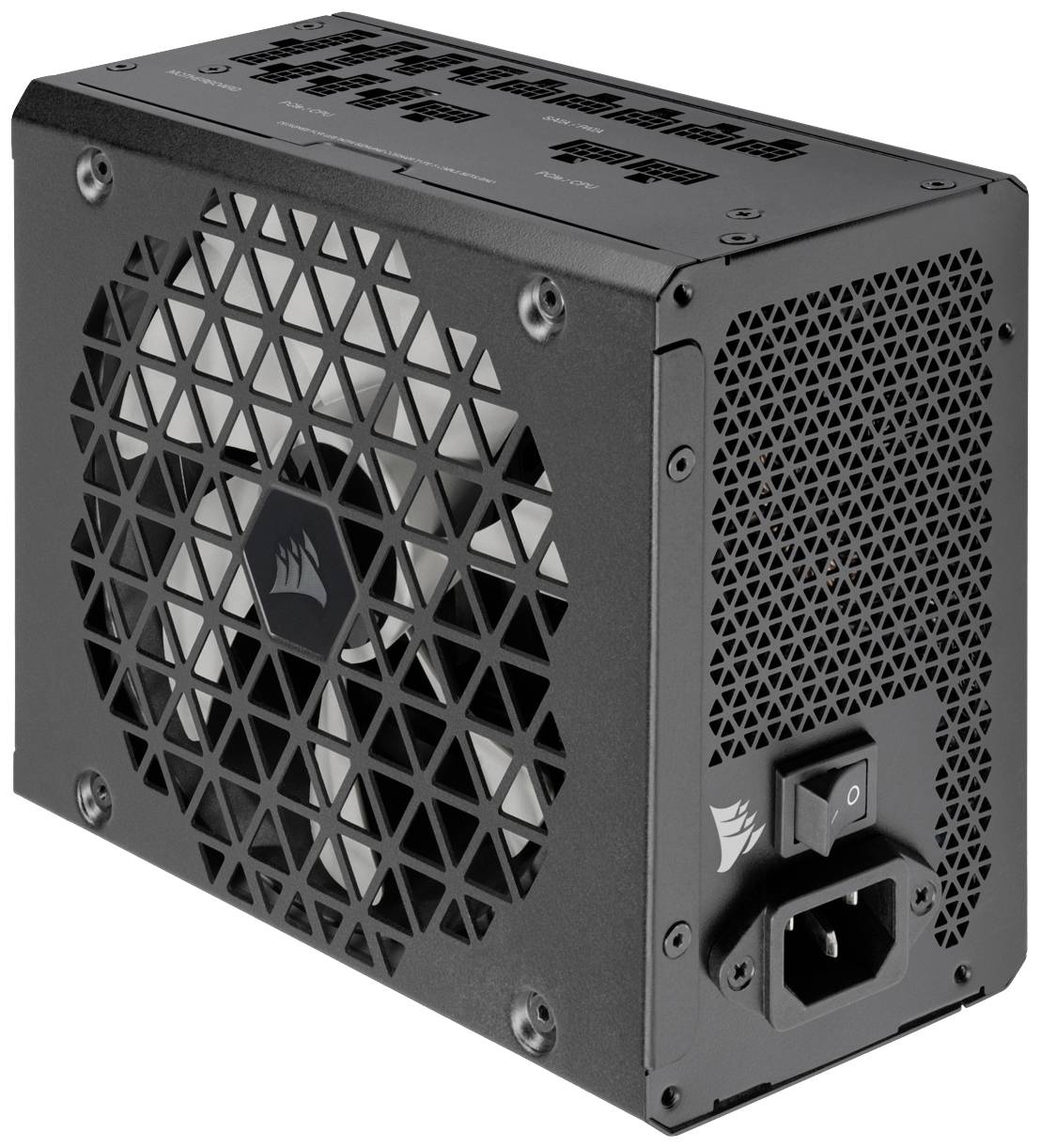 Alimentatore per PC con ventola, interruttore di accensione/spegnimento e connettore di alimentazione, adatto per case di computer.