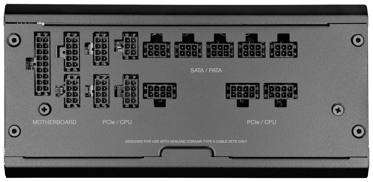 Retro di un alimentatore modulare con più connettori per scheda madre, PCIe/CPU e cavi SATA/PATA, colore nero.